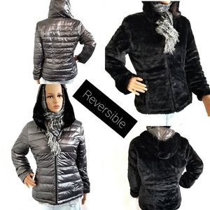 TODAY ONLY NEW REVERSIBLE Quilt Jacket Gry/Blk Fur